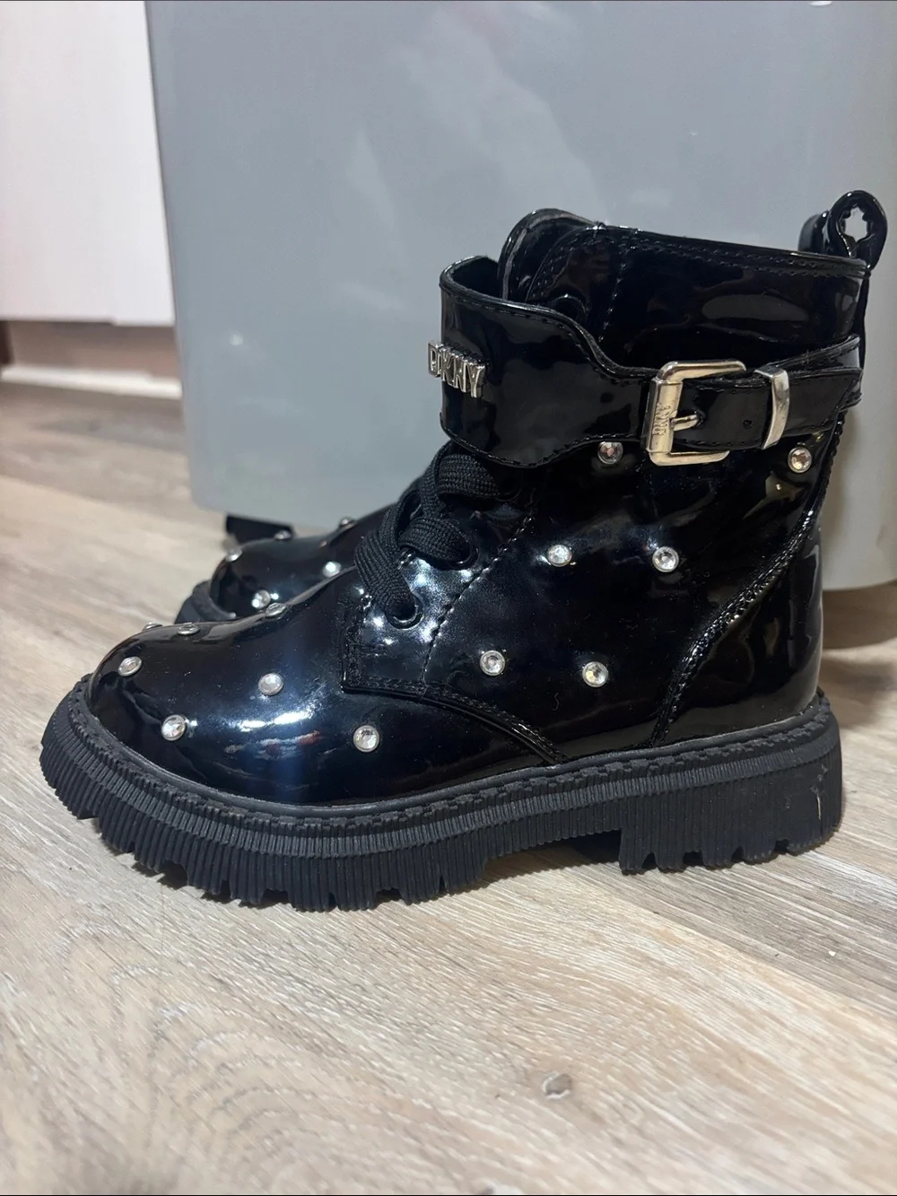 DKNY Girls Ava Dila Moto Black Patent Studded Combat Boots